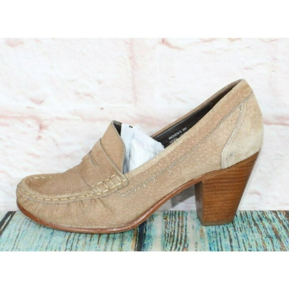 LL Bean Brown Suede Slip On Round Toe Moccasins Heeled Shoes Size 6 M - Picture 1 of 9